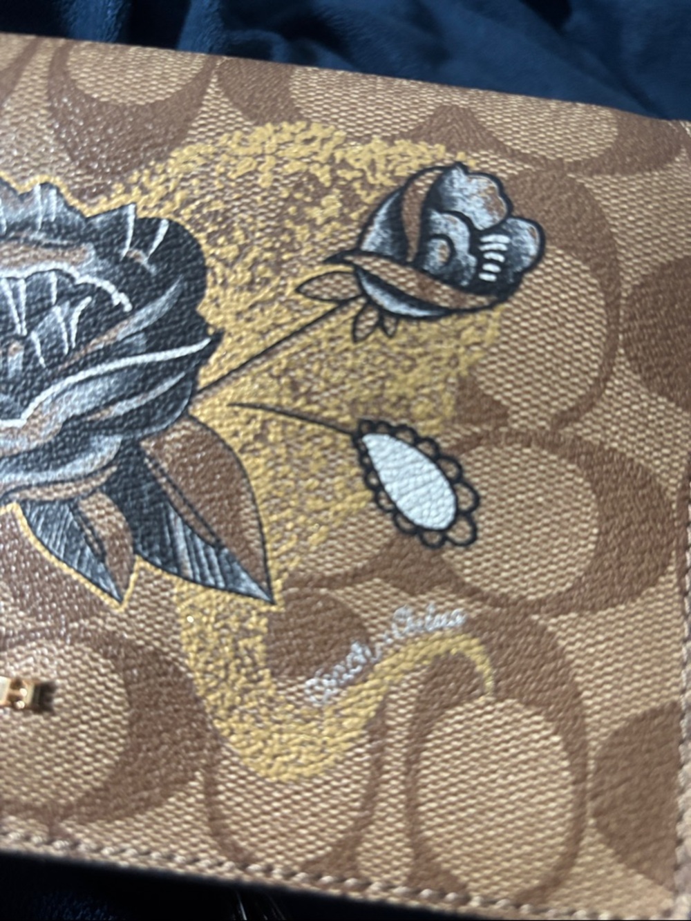COACH CHELSEA TATTOO ROSE HAYDEN FOLD OVER CROSSBODY TAN/BLACK GLITTER 76771 EUC - Picture 5 of 16